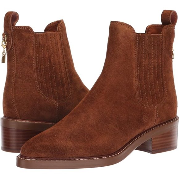 NWT Coach Womens Bowery Chelsea Suede Leather Cognac Boot Bootie Block Heel 5B - Picture 1 of 9